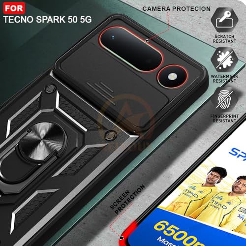 Image of Armor Bumper Back Cover Case for Tecno Spark 50 5G | Rotating Camera Cover, Ring Holder & Kickstand | Heavy Duty & 360 Degree Protection Back Cover (Black)