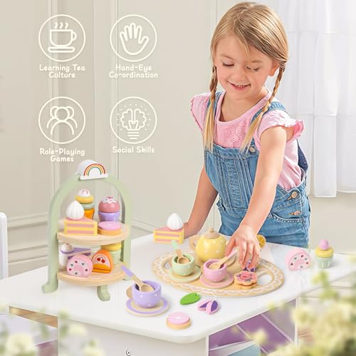Lonico WOODEN Tea Party Set For Little Girls Toddler Tea Set thumb #6
