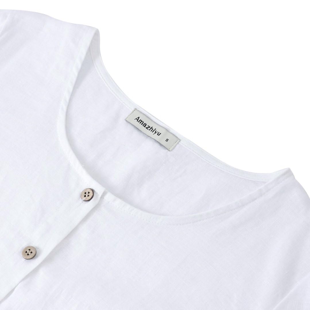 Amazhiyu Camicetta da donna a maniche corte in 100% lino, scollo quadrato, con bottoni