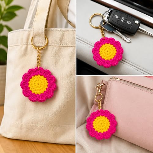 Image of Handmade Crochet Keychain for Women & Girls, Cute Yarn Key Ring, Bag Charm, Car Key Holder & Gift, Aesthetic Handmade Floral Accessory