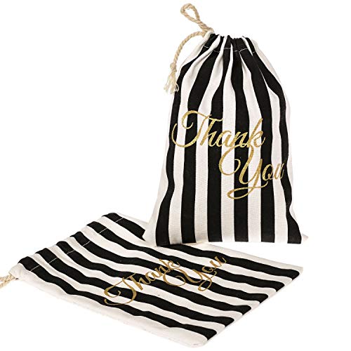 Ling's moment Wedding Party Thank You Favor Bag for Guest, 10pcs 5x7 inches Black and White Striped Cotton Muslin Bag for Wedding Party Bachelorette Party Bridal Shower Baby Shower Favors