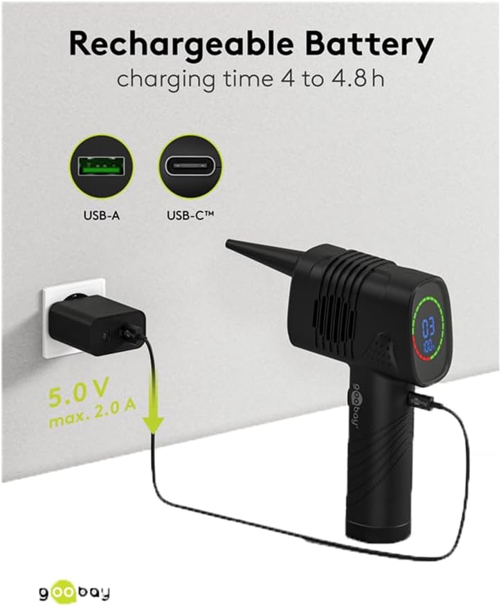 Goobay 61667 Electric Air Duster being charged via USB-C