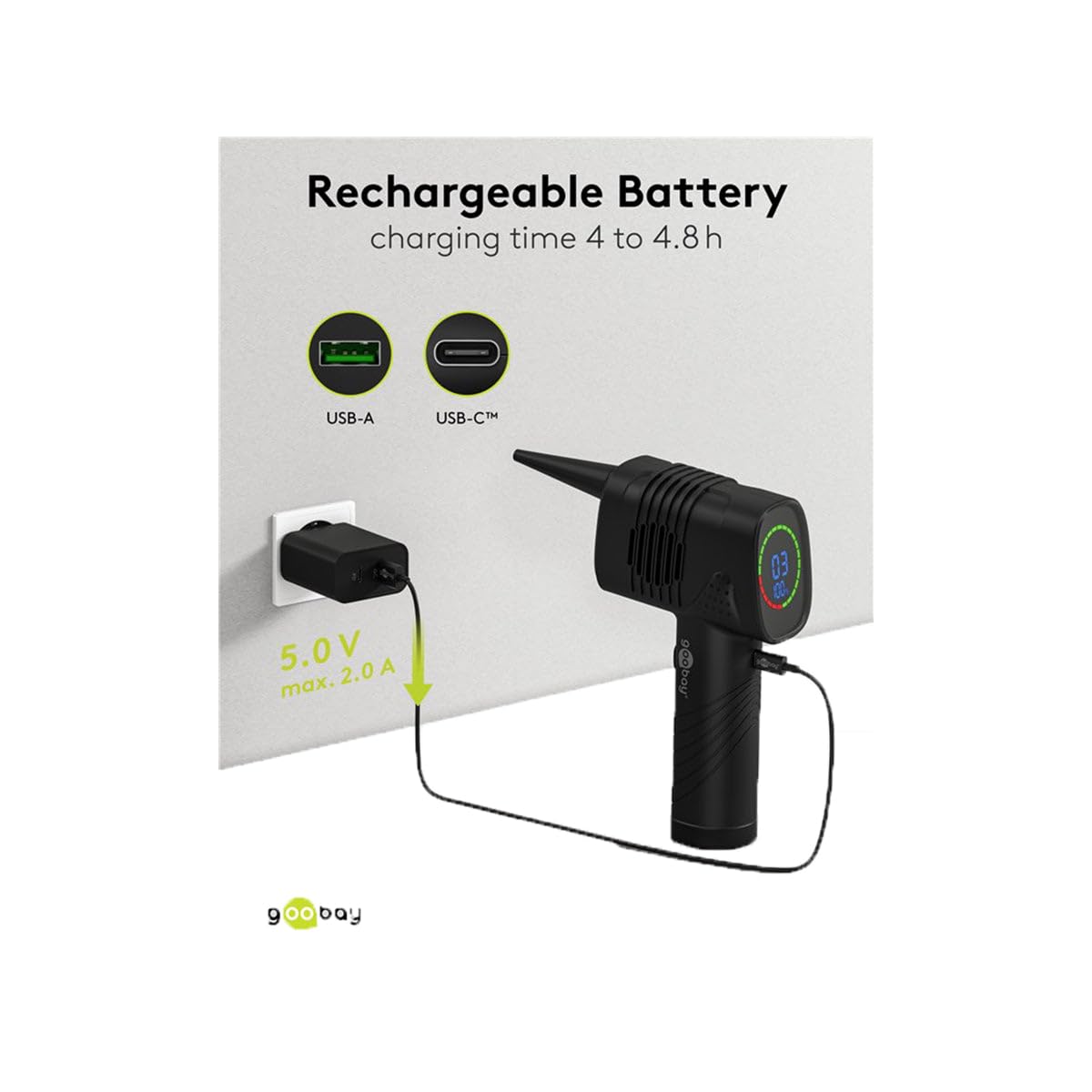 goobay Elektrische Staubgebläse, 3 Stufen, 2.000 mAh Akku, 35.000 U/min, Wiederaufladbares Druckluftspray, bis 90 min Betriebsdauer, Reinigung für PC, Sofa, Tastatur, Auto, Sofa, LED Display - 61667