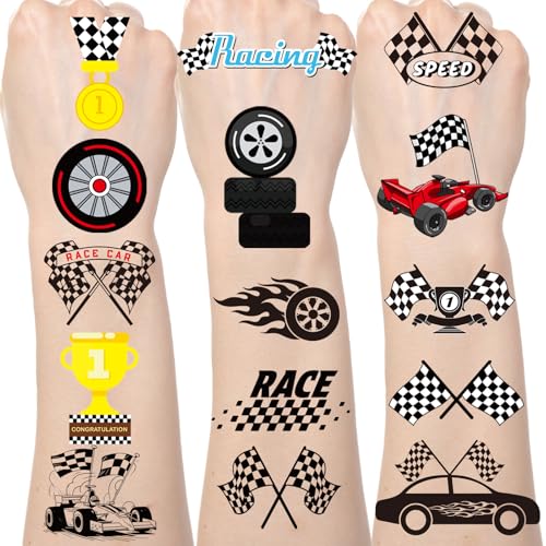 Lovarywow Race Car Temporary Tattoos - 200+ Race Car Party Favors Checkered Flag Fake Tattoos Stickers Gifts for Boys Black White Racing Car Birthday Decorations Supplies Prizes Rewards