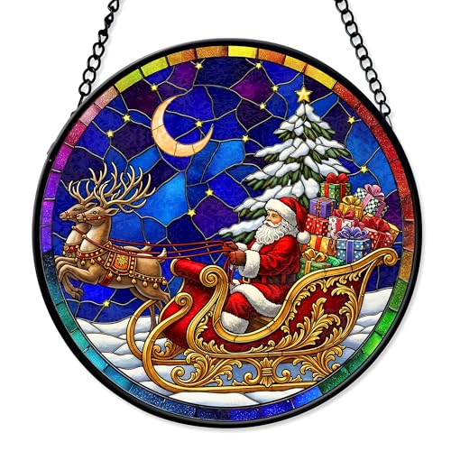 FIVITY 7.8 Santa Claus Suncatcher Christmas Sun Catcher Stained Glass Window Hanging Winter Ornament Wall Art Indoor Office Home Room Garden Decor Birthday Xmas Gifts for Teens Women Men Mom