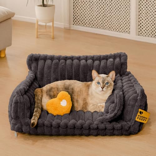 FUNNY FUZZY Dog Bed for Small Dogs - Orthopedic Dog Sofa with Removable Washable Cover and Anti-Slip Bottom, Supportive Foam Pet Couch Bed, Dark Grey, M Medium Dark Grey