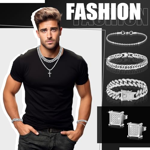Yinkin 6 Pcs Hip Hop Jewelry Set for Men Rhinestone Link Chain Bracelet Earrings Tennis Diamond Jewelry Set for Men Gift2