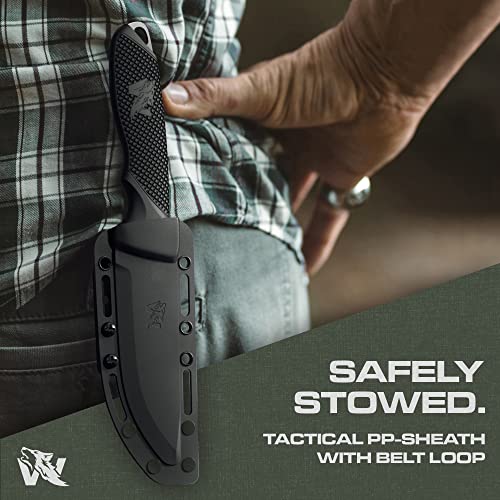 Odenwolf W-Flat Full Tang Survival Knife With Sheath - Stylish Tactical Fixed Blade Knife - Made Of 440C Steel - Bushcraft And Camping Knife Survival - Perfect Edc Hunting Knife With Tpe Handle #TOP2