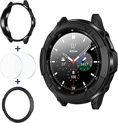 wlooo 3 in 1 Accessories for Samsung Galaxy Watch 4 Classic 42mm 46mm, 1 Rugged TPU Armor Bumper Case+2 Tempered Glass Screen Protector Films+1 Bezel Ring Anti-Scratch for Galaxy Watch4 Black, 46mm