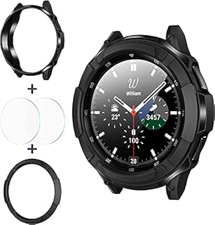 wlooo 3 in 1 Accessories for Samsung Galaxy Watch 4 Classic 42mm 46mm, 1 Rugged TPU Armor Bumper Case+2 Tempered Glass Screen Protector Films+1 Bezel Ring Anti-Scratch for Galaxy Watch4 Black, 46mm
