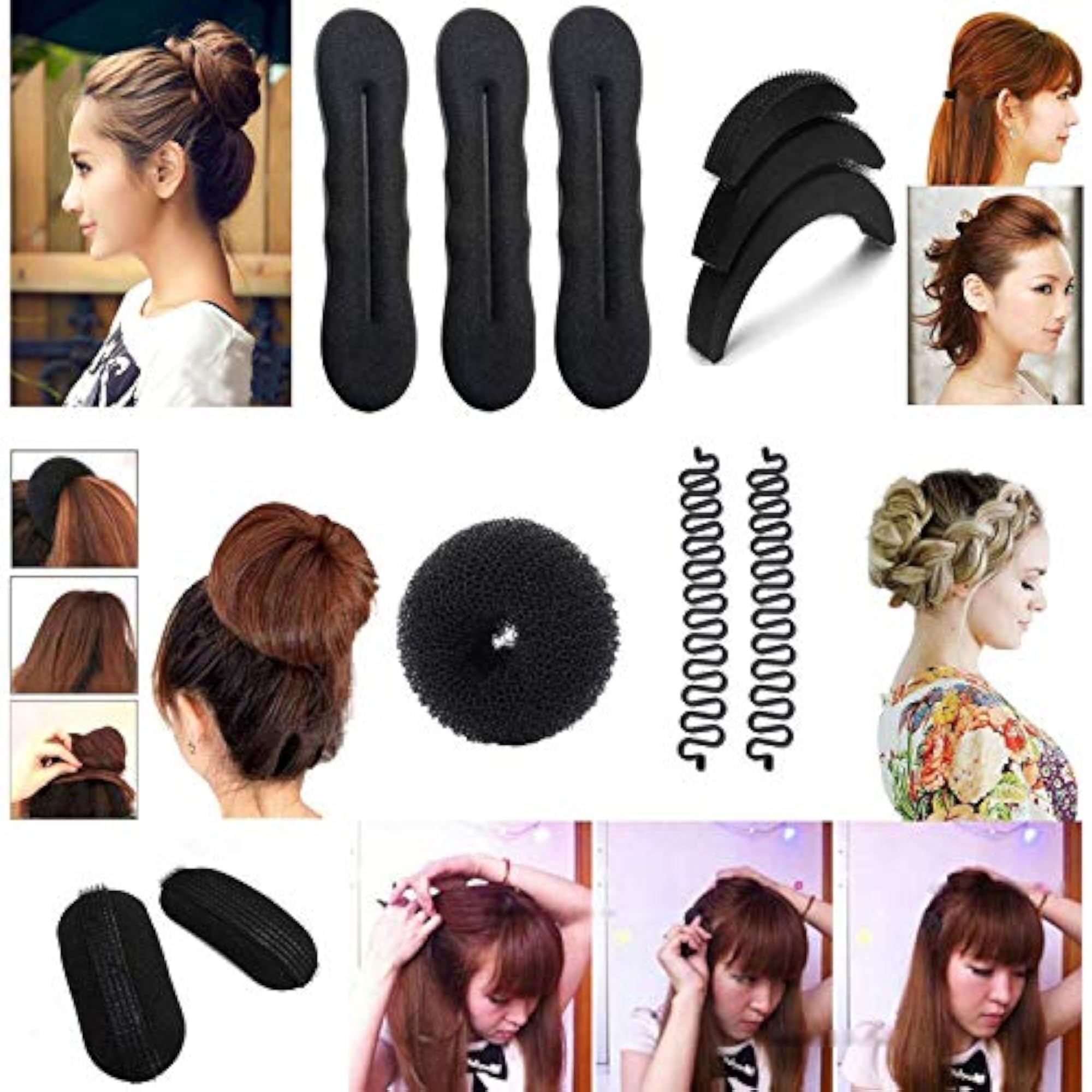 11 Pcs Hair Stylers Combo for Women, Black Donuts and Puff Set