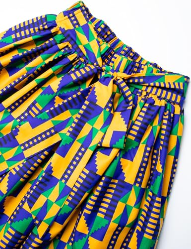 Women's African Print Long Skirt Kente Wax Maxi Skirts with Pockets Head Wrap Set4