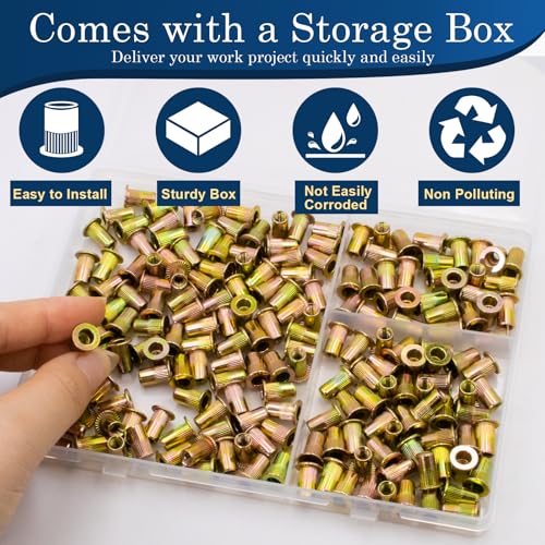 Image of 190Pcs M4 Rivet Nuts, Metric Zinc Plated Finish Carbon Steel Flat Head Threaded Insert Nutsert Kit