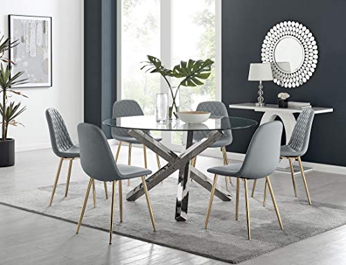 Furniturebox UK Vogue Round Chrome and Glass Dining Table with Silver Squared Starburst Legs and 4 Corona Grey Faux Leather Dining Chairs with Gold Legs - Contemporary Elegant Dining Furniture