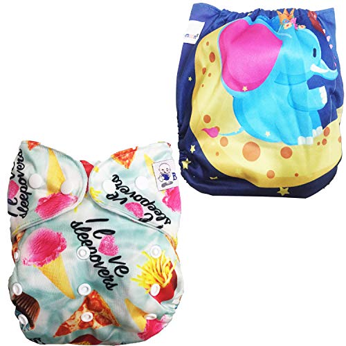 Babymoon (Set of 2) Reusable Cloth Diaper, Premium Adjustable Size Waterproof Washable Pocket Cloth Diaper Nappie (Frenchfries & Moon Elephant)