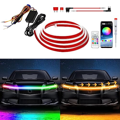 Exterior Car LED Hood Light Strip RGB Multicolor Dynamic Scan Start Up Hoodbeam Kit with App & Remote Control 59 Inch 12V Updated Waterproof Hood Glow Lights for Cars Trucks SUV (1set)