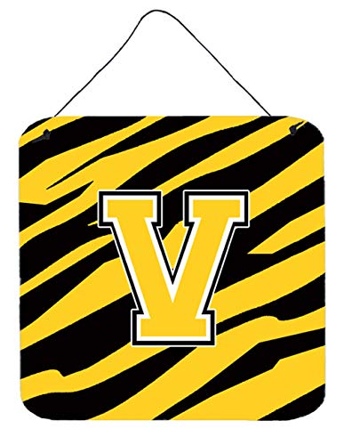 Caroline's Treasures CJ1026-VDS66 Letter V Initial Tiger Stripe - Black Gold Wall or Door Hanging Prints Aluminum Metal Sign Kitchen Wall Bar Bathroom Plaque Home Decor, 6x6, Multicolor