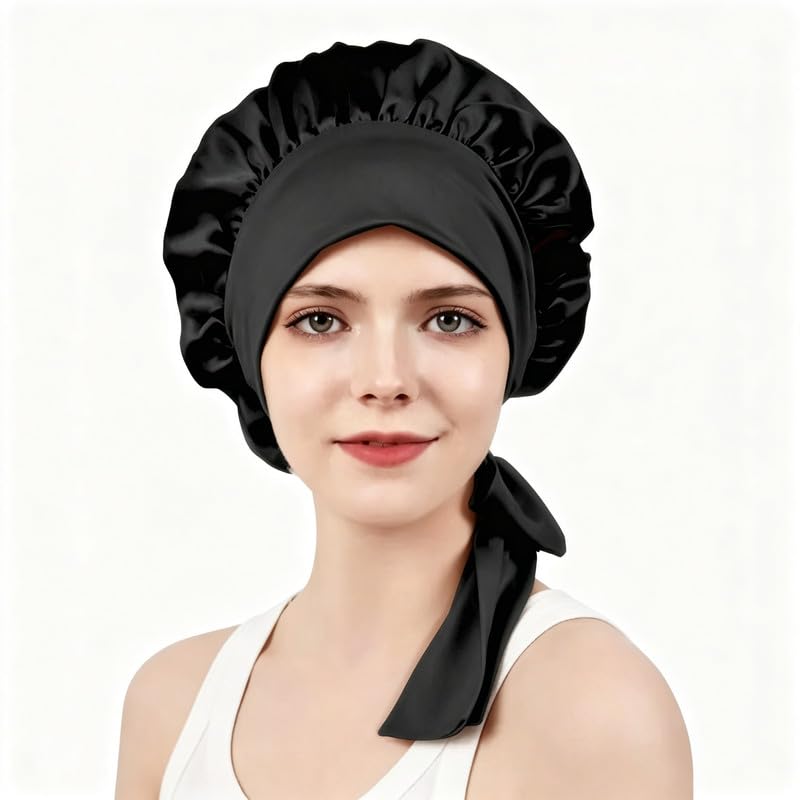 100% Mulberry Silk Bonnet for Sleeping Women, Double-Layer Sleep Cap with Tie Band, Sleep Cap for Hair Care Black