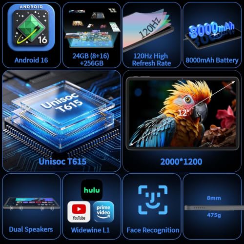 Image of 12 inch Tablet with Keyboard - 2026 Gemini AI Android 16 Tablet, Black Case | 24GB+256GB+2TB Expand, 2K Tablets PC with 8-Core, 8000mAh, 120Hz 2000x1200, GMS, 2 in 1 Large Tablets with Case,Mouse,Stylus