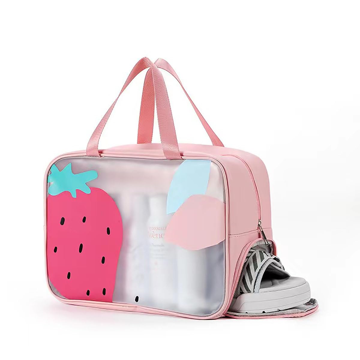 YmlikeLarge Portable Clear Makeup Bag, Wet and Dry Separation Fruit toiletry bags with Shoe Compartment and handle, Waterproof Travel Transparent Cosmetic Storage Organizer (Strawberry Pink Big)