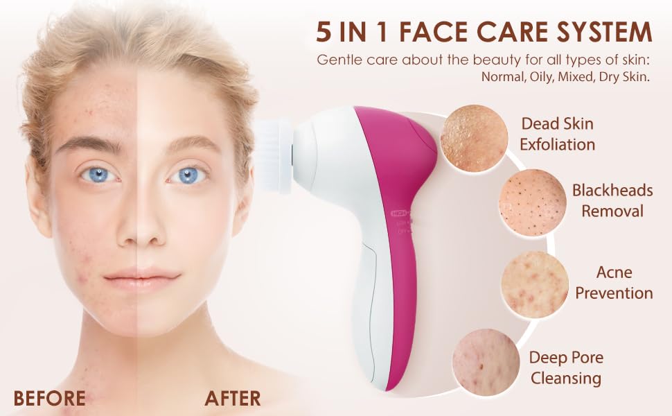 Image of Face Scrubber | Facial Cleansing Brush Exfoliator Skin Care Beauty Products Powered Electric Wash Exfoliating Skincare Women Spin Cleanser Tools Cleaning Scrub Washer Self Care (Rubellite)