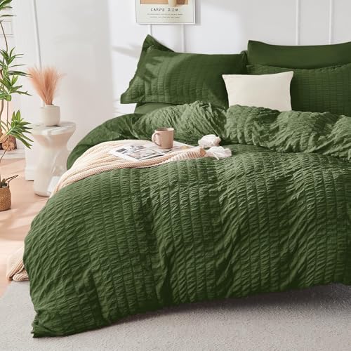 Image of HYMOKEGE Olive Green King Size Comforter Set Seersucker 7 Pieces, All Season Luxury Bed in a Bag for Bedroom, Bedding Set with Comforter, Sheets, Pillowcases & Shams