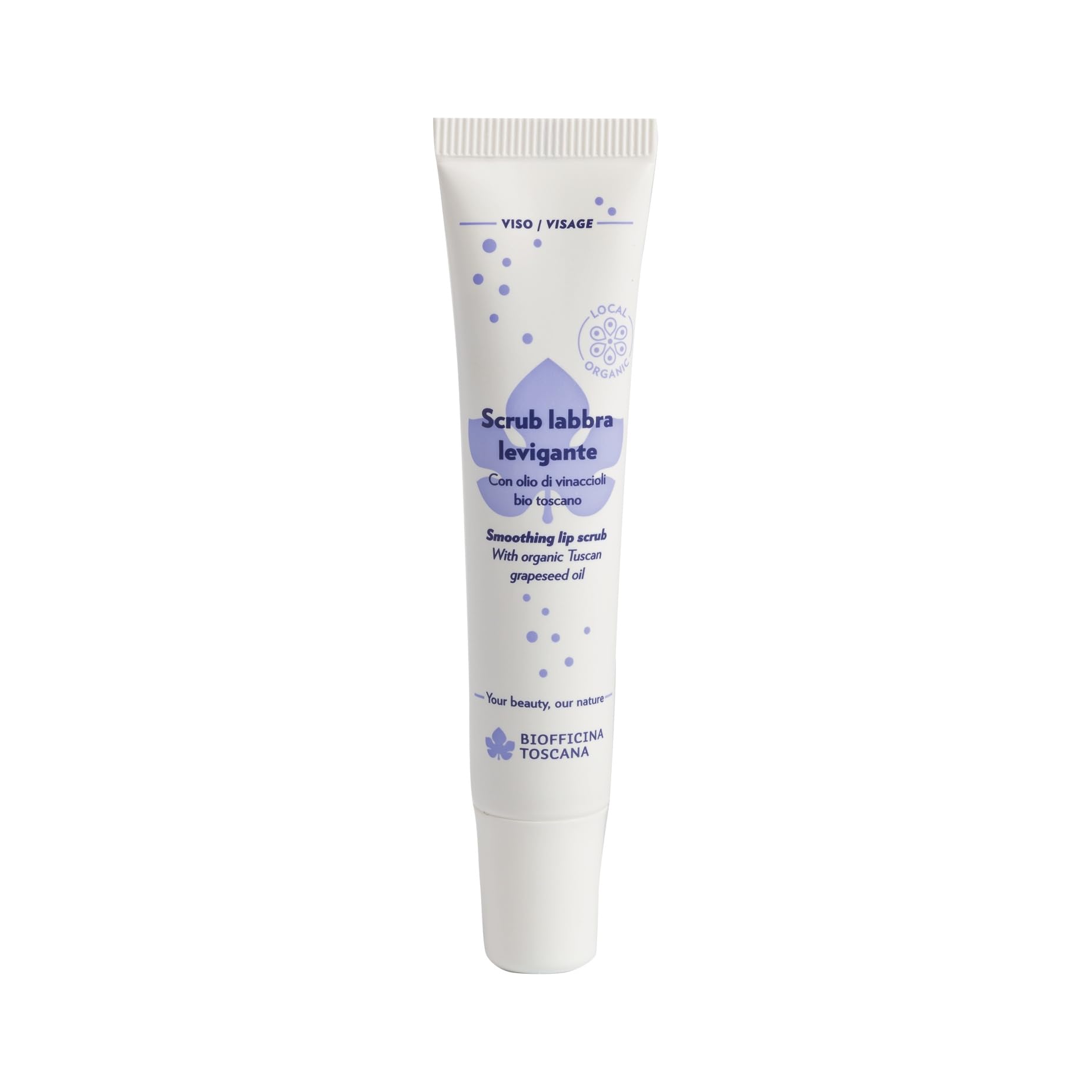 Biofficina Toscana Scrub labbra esfoliante, 15 ml – Lip scrub levigante con olio di vinaccioli bio toscano – Azione rigenerante, idratante e levigante per labbra morbide e rosee