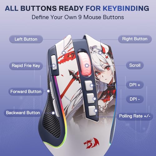 Image of Redragon M612AK PRO RGB Anime Gaming Mouse, 8000 DPI Wired /Wireless Optical Mouse with 9 Programmable Buttons & 7 Backlit Modes, BT & 2.4G Wireless, Software Supports DIY Keybinds Rapid Fire Button