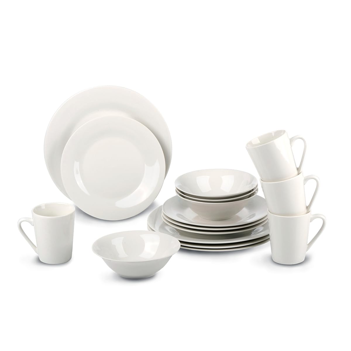 alpina Dinner Set for 4 People - Plates and Bowls Set - Earthenware Tableware - Dinner Plates, Dessert Plates, Bowls and Mugs - Microwave and Dishwasher Safe - White