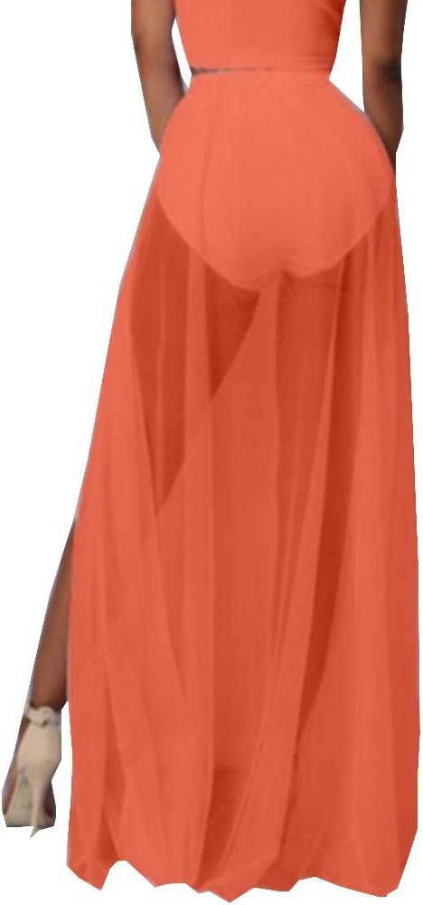 Tuesdays2 Women Split Mesh Skirt See-Through Beach Party Maxi Skirts (one Size, Orange)