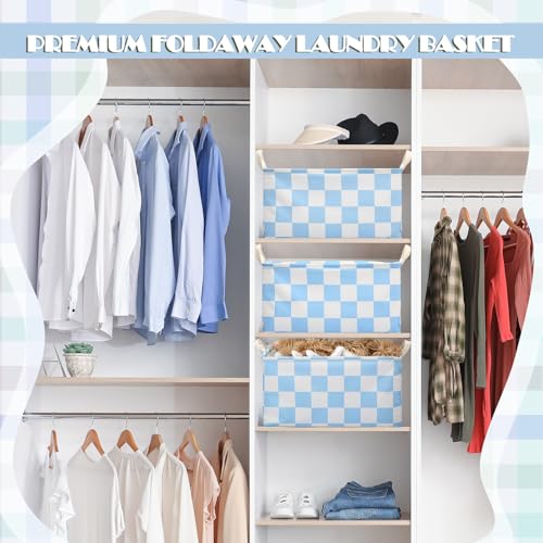Image of Boao 3 Pcs Blue and White Checkered Storage Basket with Handle Cute Car Baskets Gingham Classroom Laundry Toy Storage Bin Organizer Canvas Plaid Hamper for Dormitory Home Nursery Bathroom Bedroom