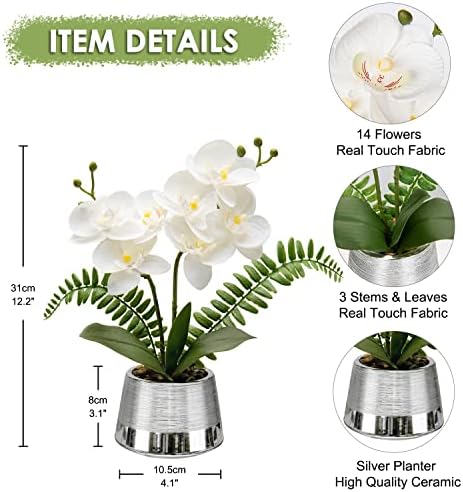 Artificial Orchid Flowers White Artificial Flower in Ceramic Pots Real Touch Silk Phalaenopsis Fake Orchids Plant Fake Flower for Home Office Kitchen Bathroom Bedroom Table Decoration, Height 31CM