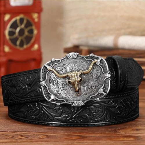 Men's Women's Embossed Western Floral Snap Belt,Stitched Strap with Engraved Gold Longhorn Bull Skull Head Buckle3