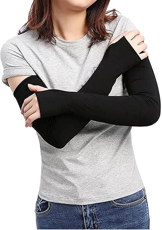 Black Compression Arm Sleeves for Men & Women | UV Sun Protection Thumb Hole Arm Covers | Stretchable Cooling Sports Sleeves for Driving, Cycling, Running, Gym, Outdoor Activities (1 Pair)-image-14