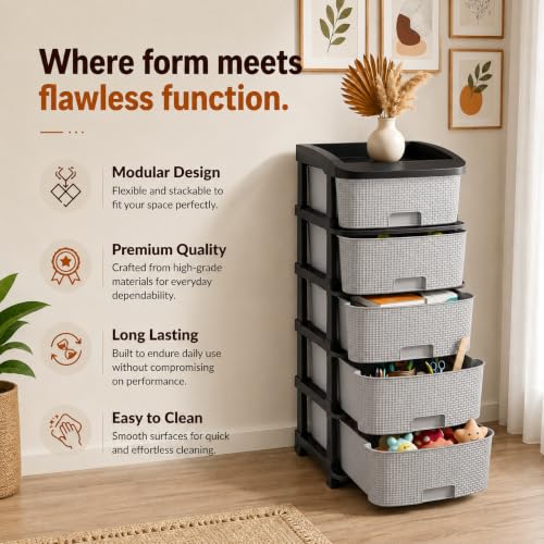 Image of Jefa Plastic Modular Drawer Storage Organizer | Multipurpose Storage Chest with Anti-Slip Design | Large Capacity Drawer Rack for Clothes, Shoes, Office & Home Use (Grey, 5)