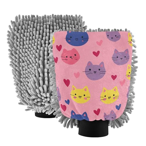 Cartoon Hearts Cat Pink Microfiber Wash Mitt 11.8'' Car Washing Gloves Scratch Free Clean Sponges for Cleaning Wash