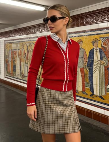 Image of Women's Cardigan Sweater Color Block Long Sleeve Crew Neck Knit Cardigan Trendy Cropped Cardigan Shrug