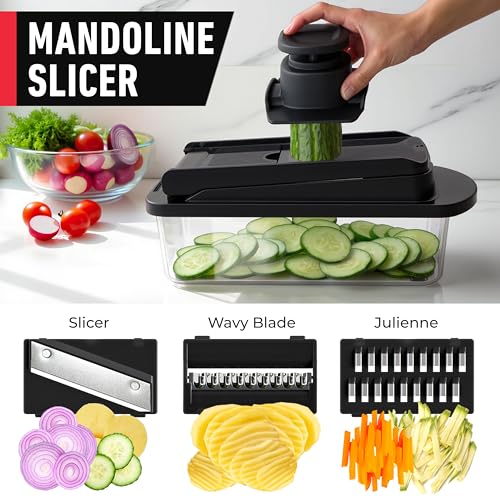 Mueller Pro-Series 10-in-1, 8 Blade Vegetable Chopper, Mandoline Slicer, Onion Mincer, Cutter, Dicer, Veggie Chopper with Container, Kitchen Essentials & Gadgets, House Warming Gifts New Home, Black