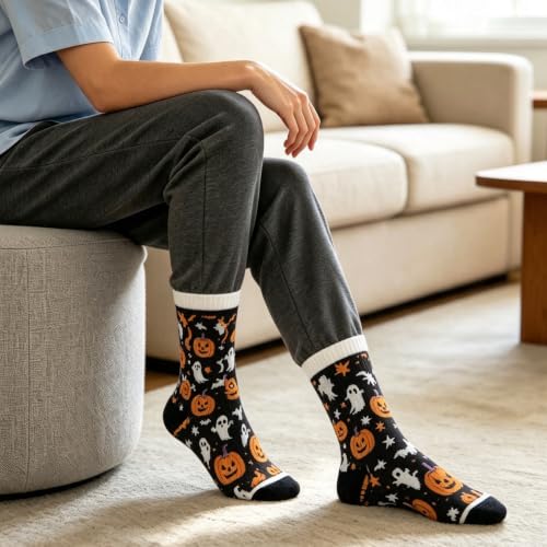 Halloween Ghost Pumpkin Socks, 3 Pairs Men Women Skeleton Mid Calf Socks - image 5