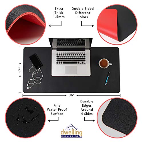 Leather Desk Mat - Reversible PU Leather, Waterproof, Non-Slip Desk Pad for Office & Home, Large Mouse Pad, Desk Organizer, Desk Blotter (36" x 17") - Black/Red