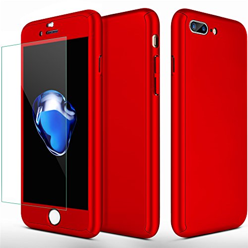 iPhone 7 Plus Case,iPhone 8 Plus Case SEEKFULL 360 Full Body Protection Ultra-Thin Hard Slim Case with [Tempered Glass Screen Protector] case for Apple iPhone 7 Plus,iPhone 8 Plus (Red)