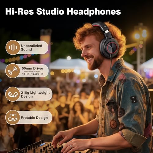 Image of New Bee Studio Headphones, Wired Headphones with 50mm Drivers, Professional DJ Headphones for Recording Mixing Podcast Guitar Piano, 210g Ultra-Lightweight Design, 3.5 /6.35mm Jack, Red Black