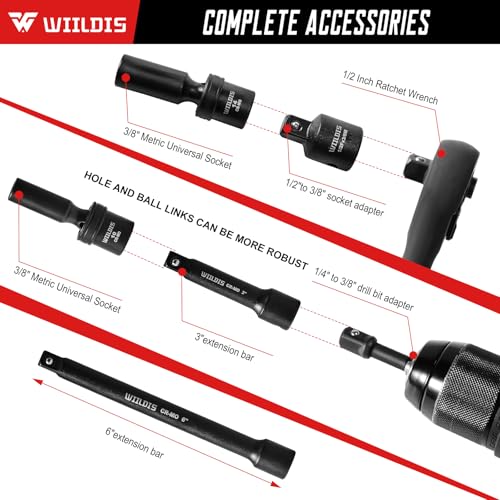 Image of WIILDIS 14 Pieces 3 /8 inch Drive Swivel Socket Set, Deep Universal Impact Socket Set, Metric(10-19mm) Flexible Magnetic Wobble Socket Set, 6 Point, CR-MO, 3 inch, 6 inch Extension Bars, Socket Adapter