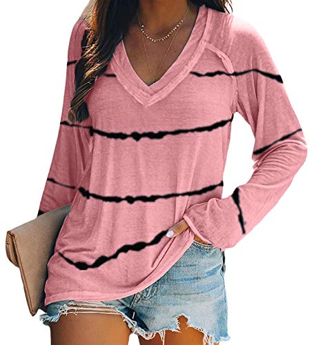 Camisa para Mujer Manga Larga Blusas Cuello en V Camiseta Túnica Casual Elegante Tops Rayas T-Shirt Rosado Cover