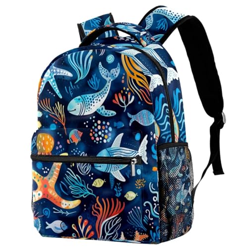 Sac à dos d'école avec porte-bouteille et motif animaux marins