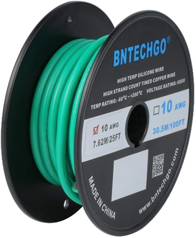 BNTECHGO 10 Gauge Silicone Wire Spool 25 ft Green Flexible 10 AWG Stranded Tinned Copper Wire