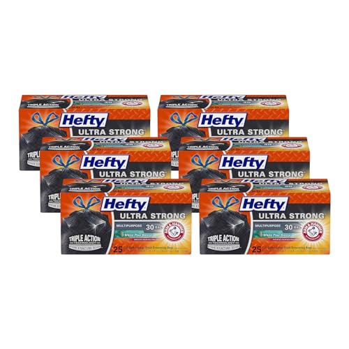 Hefty Ultra Strong Multipurpose Trash Bags, Black Large Flexible Bags with Drawstring, White Pine Breeze Scent, 30 Gallon Bags, 25 CT Bags Per Pack (Pack of 6)