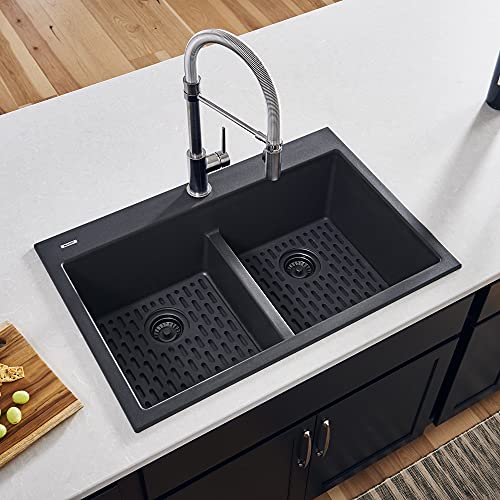 Ruvati 33 x 22 inch Drop-in TopMount Granite Composite Double Bowl Low Divide Kitchen Sink - Midnight Black - RVG1385BK #2