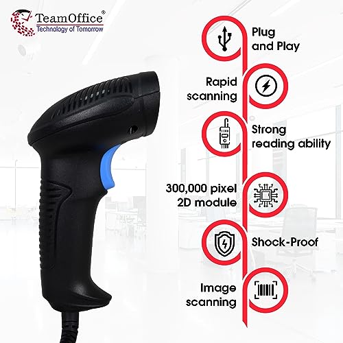 Image of Team Office BS20 Barcode Scanner | QR Code Scanner 1D 2D Label Reader Handheld for Retail Store Market Pharmacy (USB & Wired)