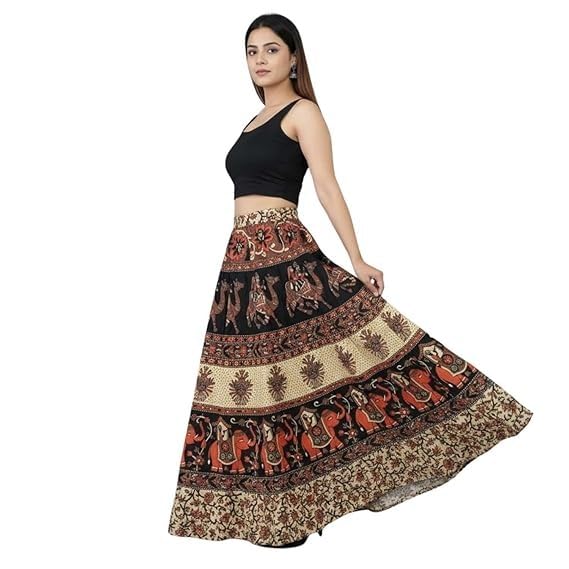 Image of HARSHITA-Enterprises Jaipuri Women's Cotton Printed Elastic Long Skirts